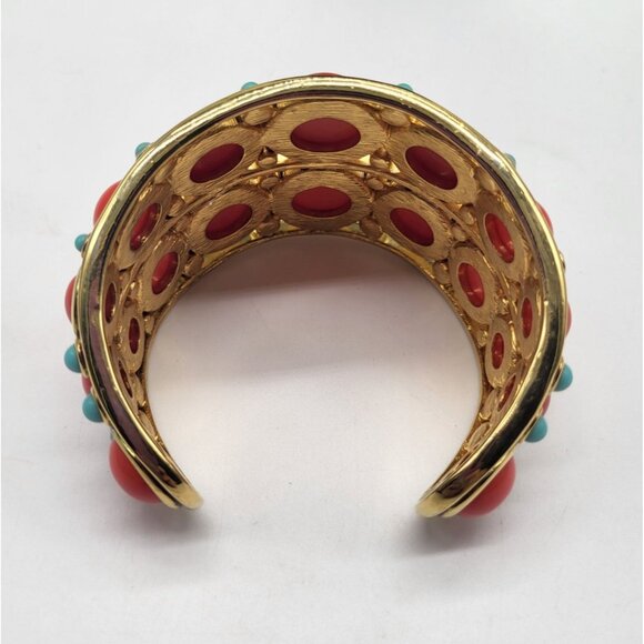 Faux Coral Turquoise Cabochon Open Cuff BOHO Gold Tone Bracelet *flaw - Picture 7 of 9
